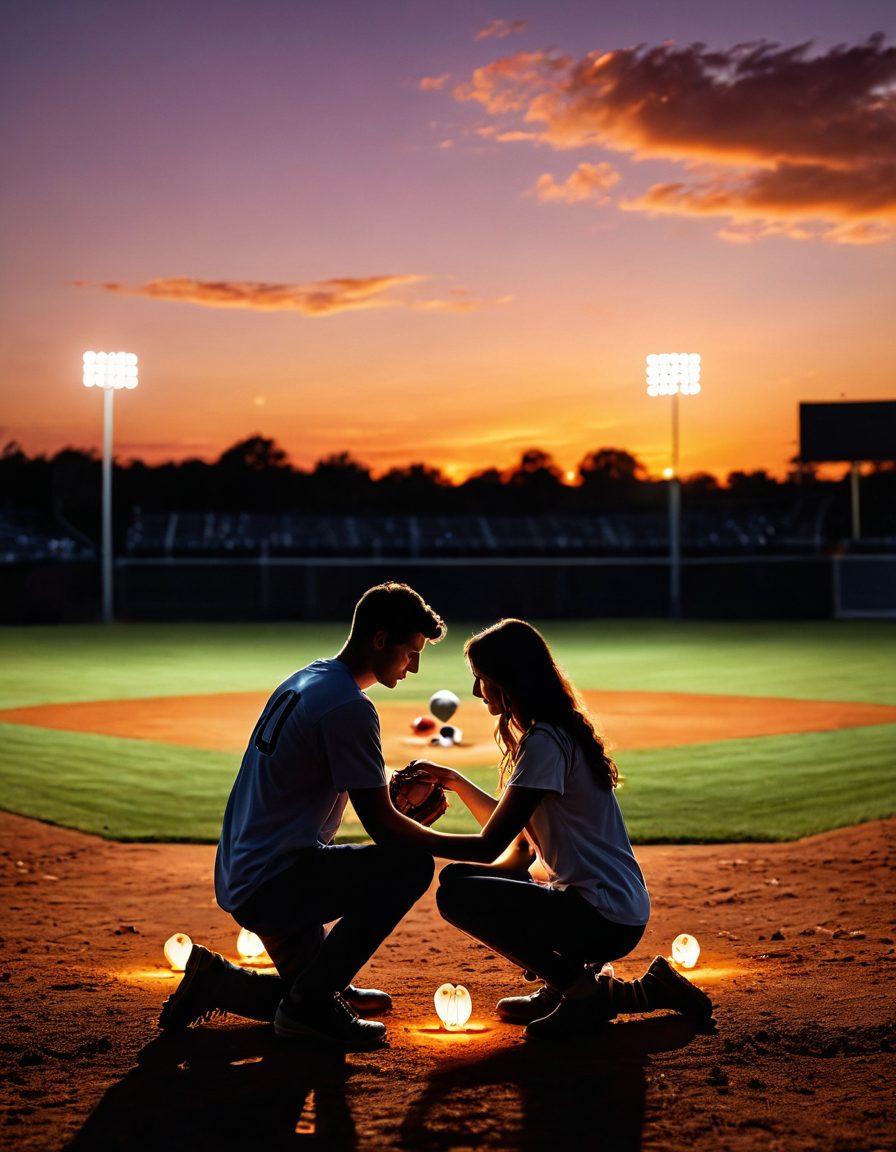 A romantic sunset over a baseball field, where a couple shares a moment, surrounded by soft glowing lights from fairy lanterns. Emphasize the contrast between the raw excitement of baseball and the tenderness of romance, including a baseball glove and a heart-shaped decoration intertwined. The scene is filled with warm, vibrant colors to evoke passion and nostalgia. super-realistic. warm colors. dreamy atmosphere.