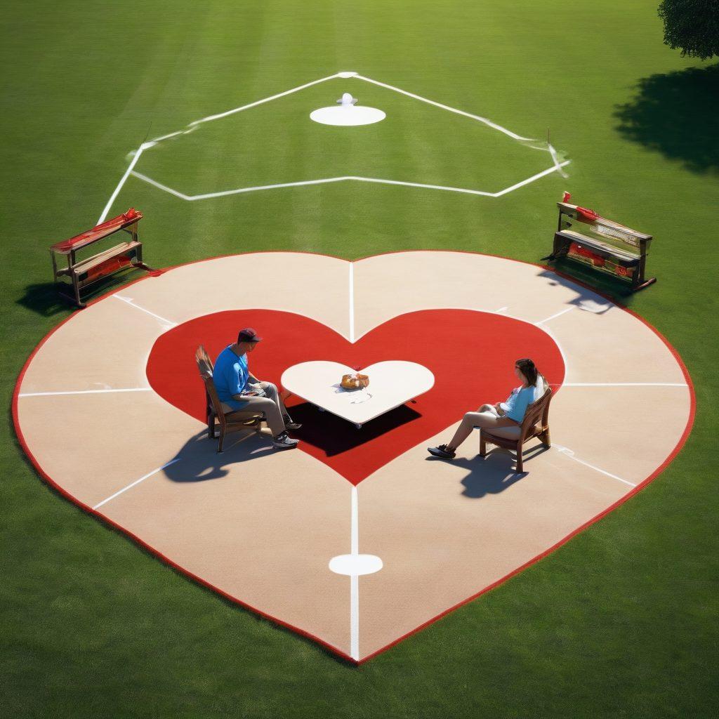 A dynamic scene blending a baseball diamond and a romantic picnic setting, with a heart-shaped graph overlay illustrating statistics. Include players in action, a couple sharing a moment, and metrics related to love and baseball subtly integrated into the background. Bright and lively atmosphere, symbolizing the connection between sports and romance. super-realistic. vibrant colors. 3D.