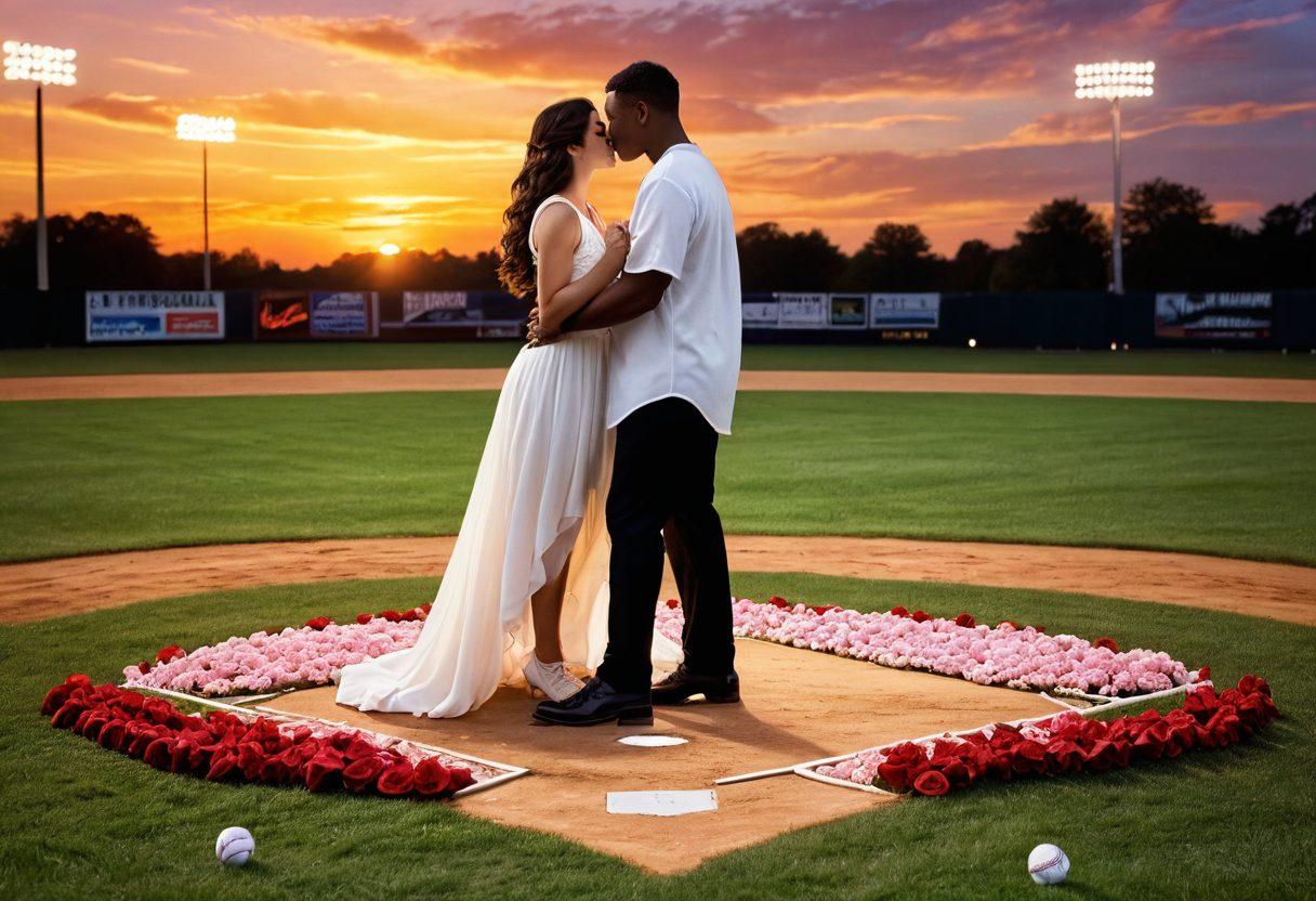 A romantic baseball scene set at twilight, featuring a couple sharing a kiss on a diamond-shaped baseball field adorned with blooming roses and scattered baseballs. The background showcases a glowing sunset, casting golden hues over the field. Include vintage baseball attire with the couple's playful expressions, symbolizing both competition and love. Soft lighting enhances the romantic atmosphere. super-realistic. vibrant colors.